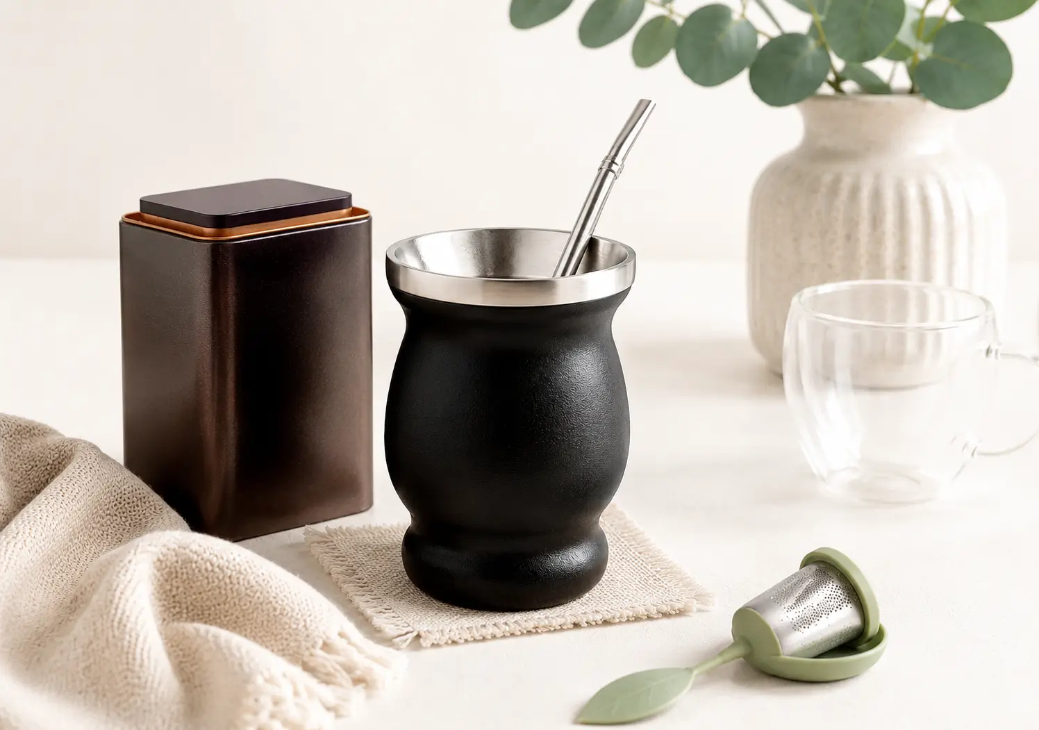 Accessoires Papo’Thé avec calebasse, bombilla, boîte à thé, tasse et infuseur