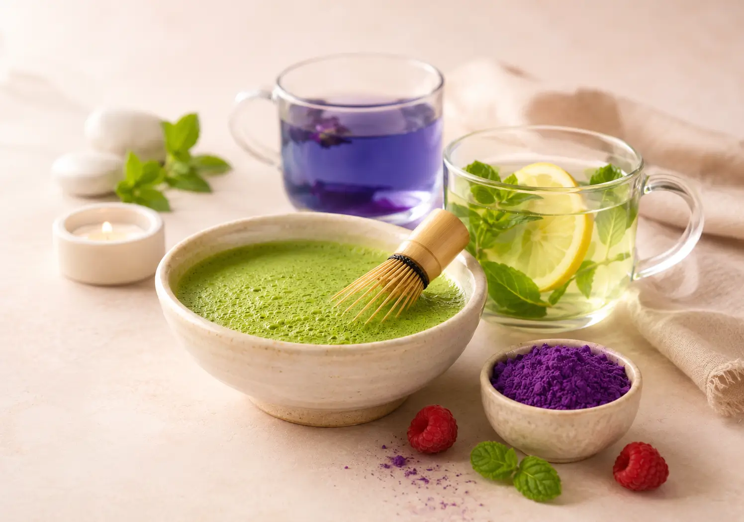 Univers bien-être Papo’Thé avec matcha, infusion citron menthe et poudre d’ube
