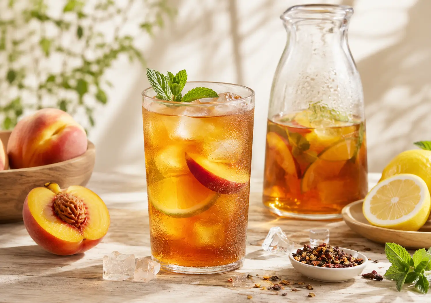 Cold Brew Papo’Thé avec grand verre glacé, carafe et fruits d’été