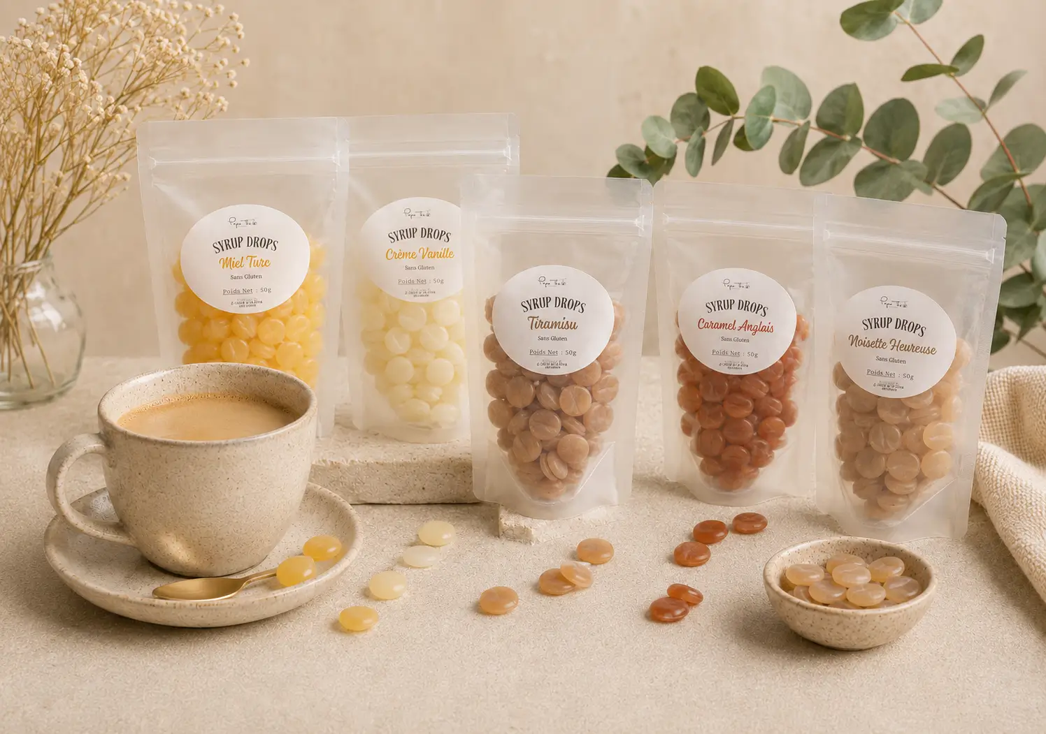 Syrup Drops Papo’Thé en sachets transparents avec tasse de café