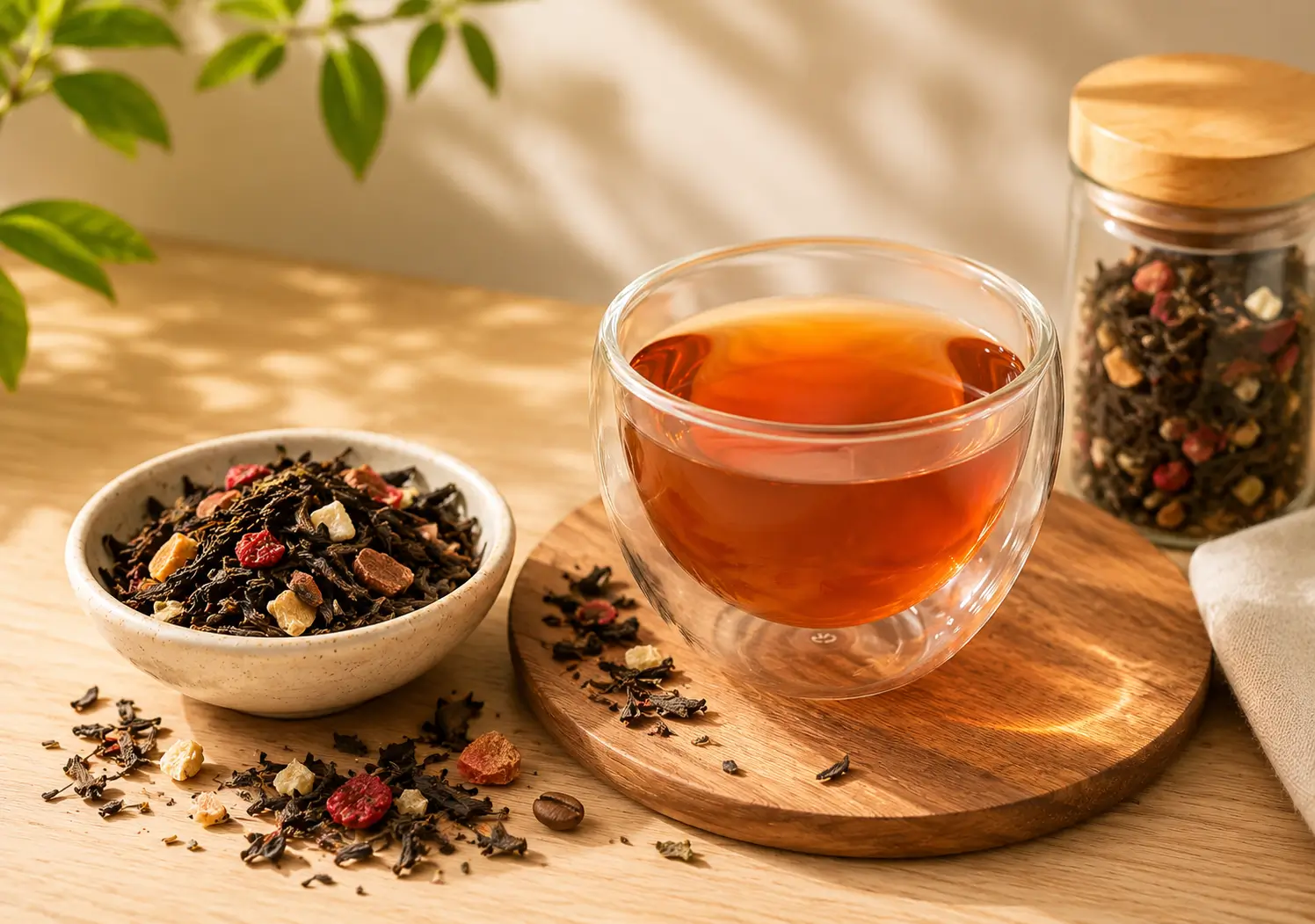 Thé noir Papo’Thé en vrac avec tasse de thé ambré