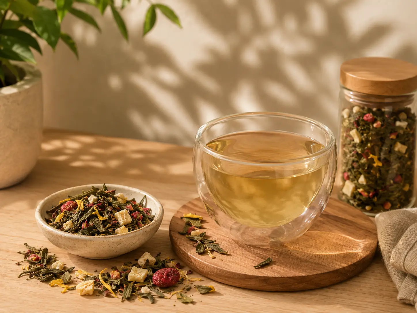 Tasse de thé vert Papo’Thé avec feuilles et morceaux de fruits