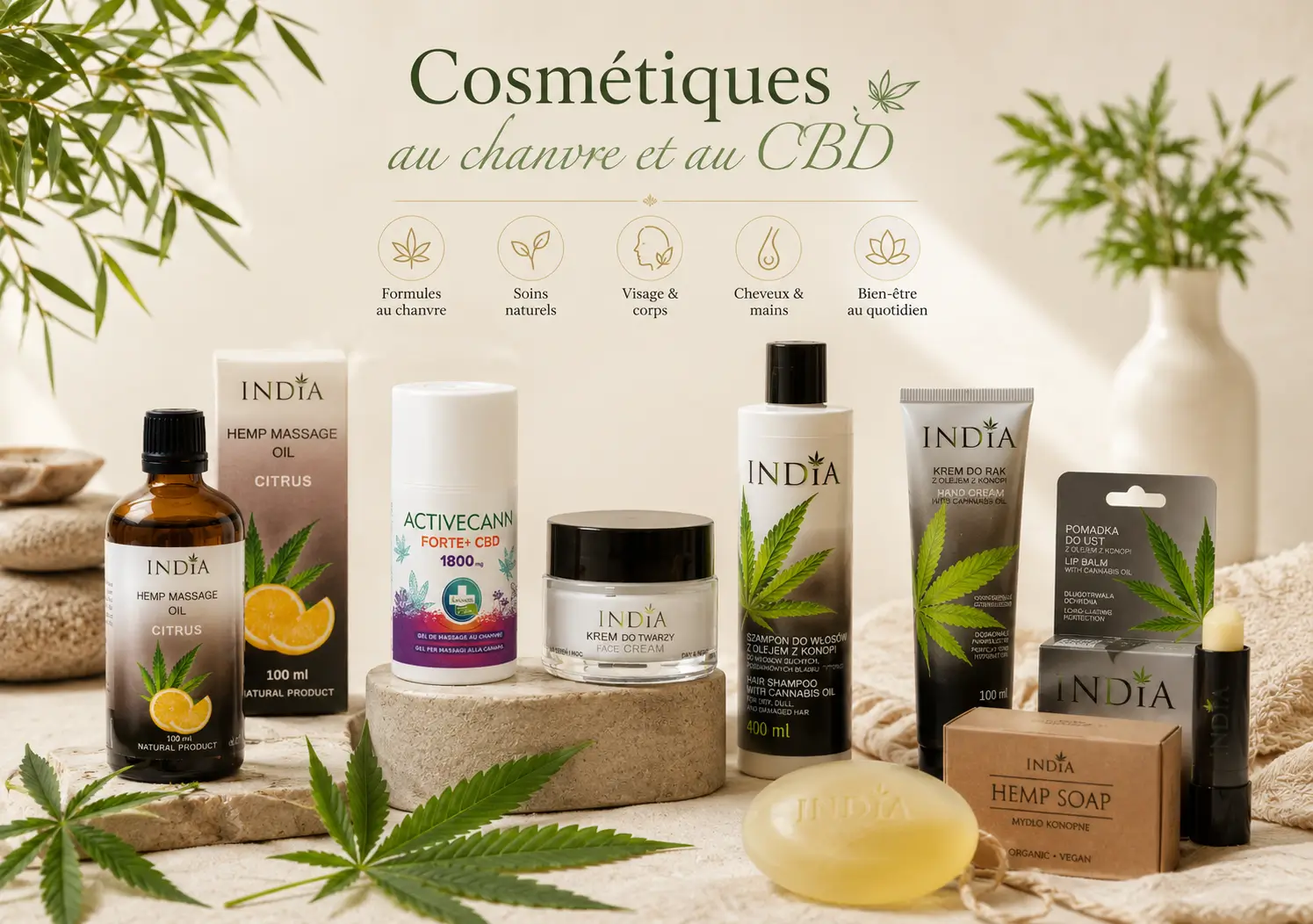 Cosmétiques au chanvre et au CBD avec huile de massage, crème, shampoing, savon et baume