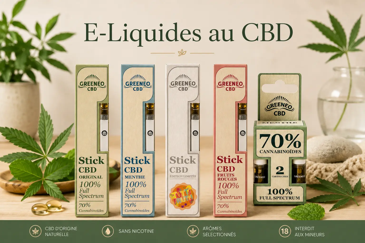 Sticks et cartouches d’e-liquide au CBD Greenéo sans nicotine