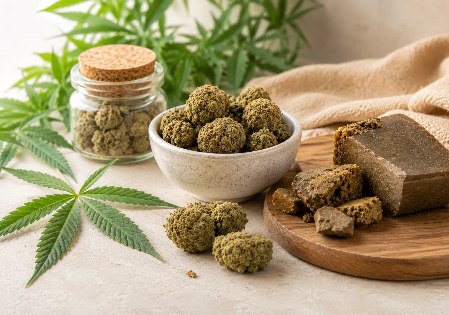 Fleurs de CBD et résines de chanvre présentées dans une ambiance naturelle