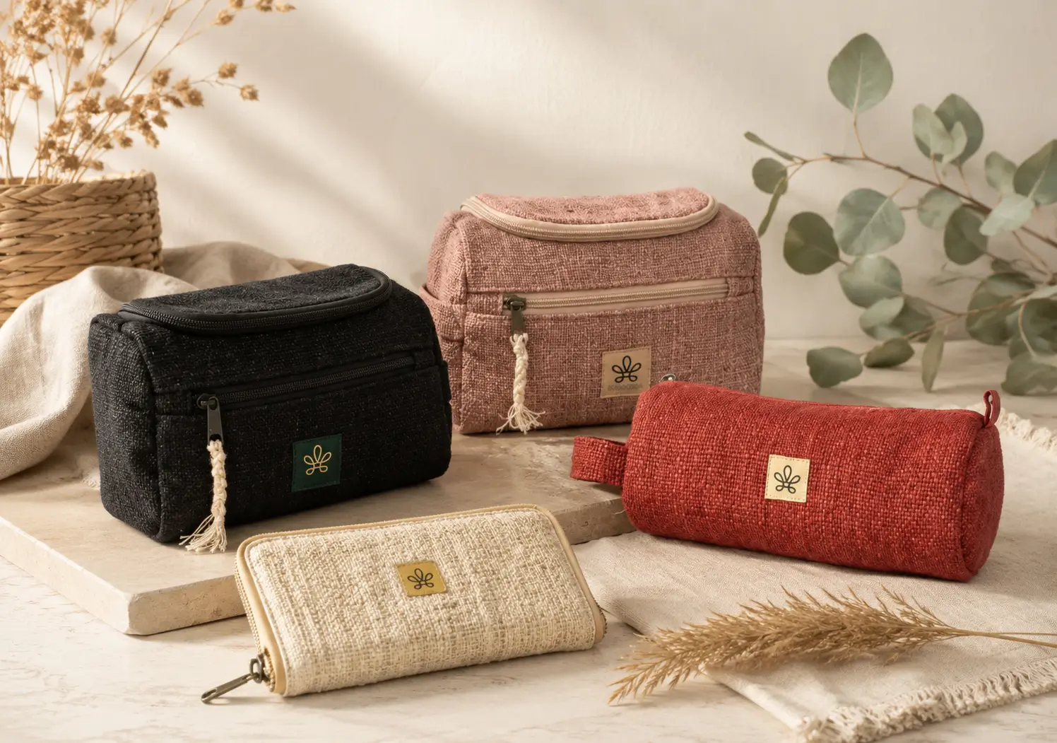 Trousses, vanity et portefeuille en textile de chanvre dans une ambiance naturelle